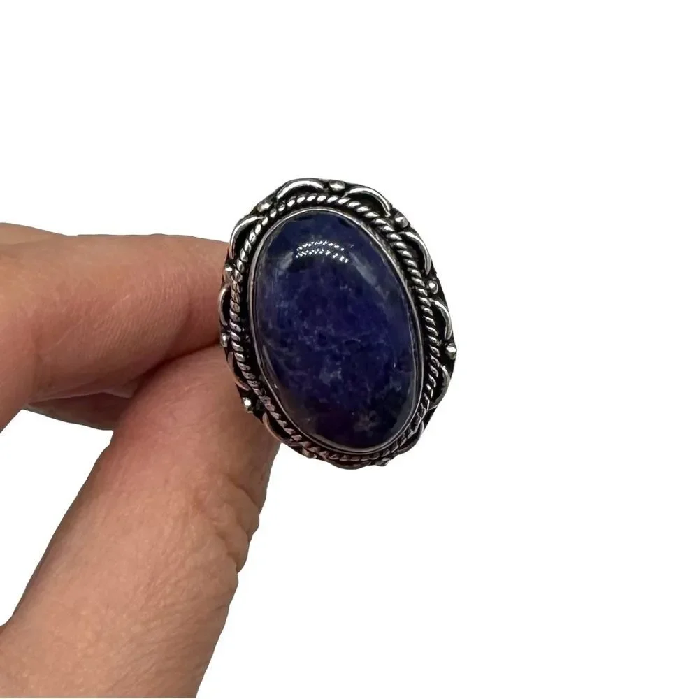 Sodalite Ring Size 10.5 925 Sterling Silver Overlay Oval Stone